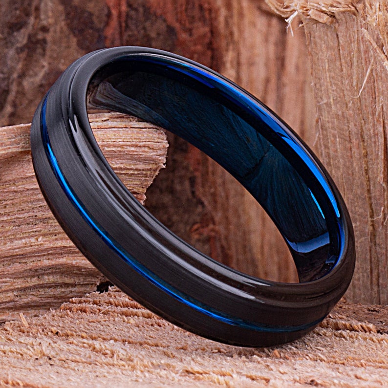 Black and Blue Tungsten Ring 6mm - TCR114 black and blue men’s wedding or engagement band or promise ring for him