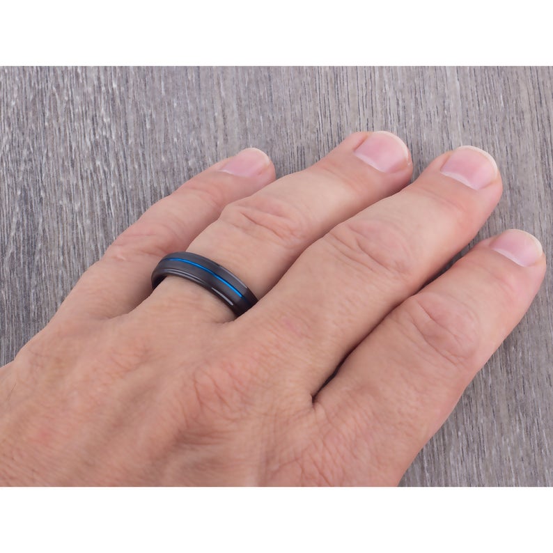 Black and Blue Tungsten Ring 6mm - TCR114 black and blue men’s wedding or engagement band or promise ring for him