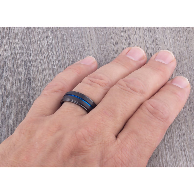 Black with Blue Tungsten Band 8mm - TCR088 unique black and blue men’s engagement or wedding ring or anniversary band