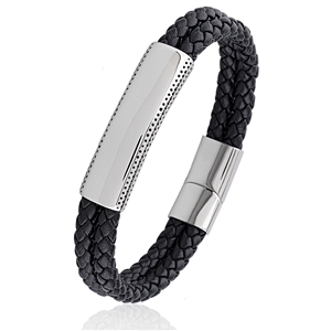 Stainless Steel Double Row ID Black Braided Leather Bracelet with ...